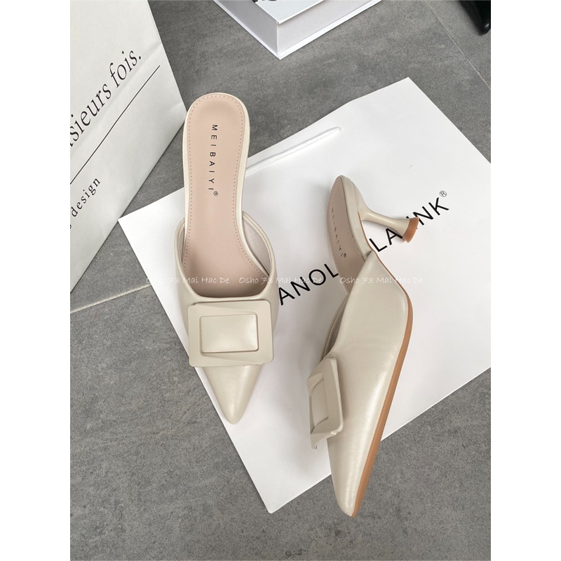 Sục cao gót mũi nhọn nơ khóa OSHO, chất da lì cao cấp, êm chân