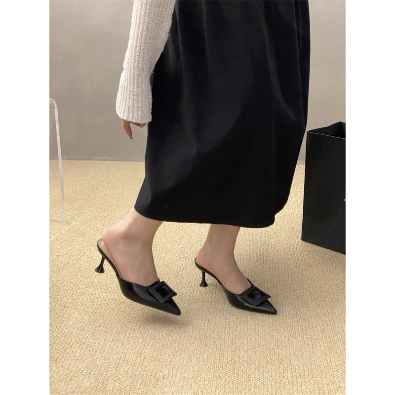 Sục cao gót mũi nhọn nơ khóa OSHO, chất da lì cao cấp, êm chân