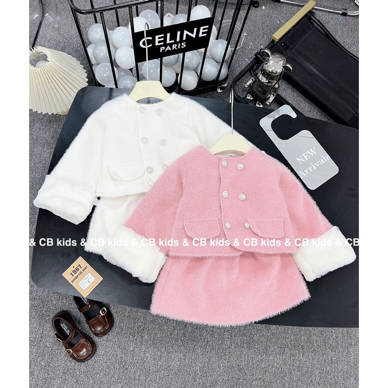 Sét bộ áo vét phối chân váy dạ lông thỏ cho bé gái