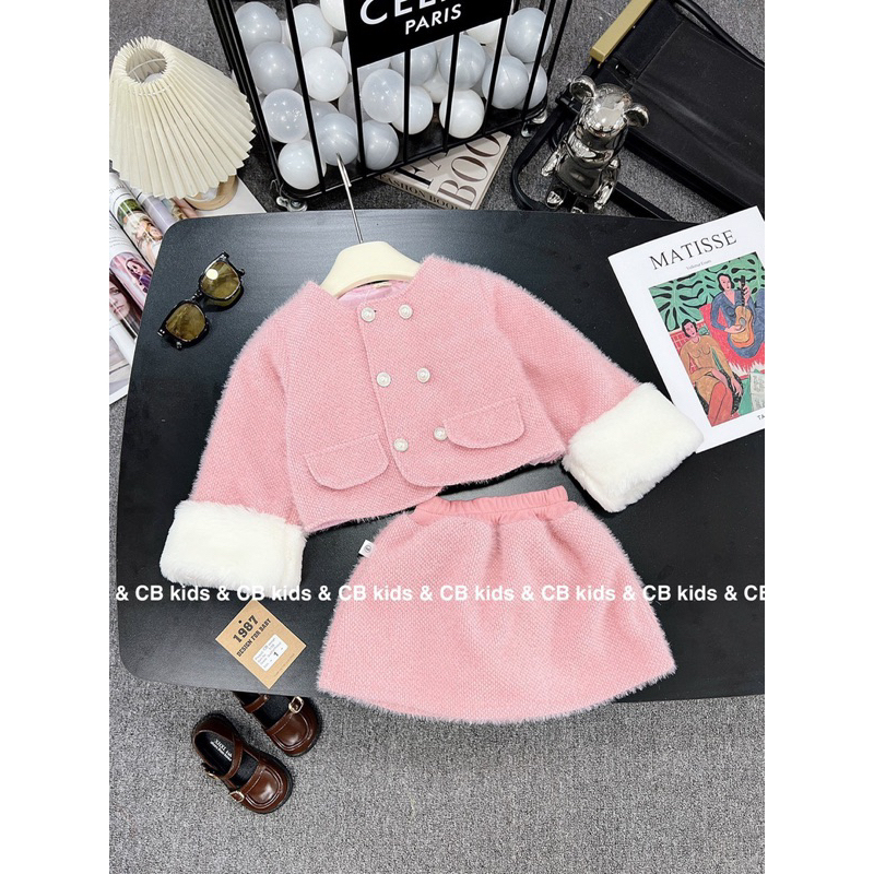 Sét bộ áo vét phối chân váy dạ lông thỏ cho bé gái