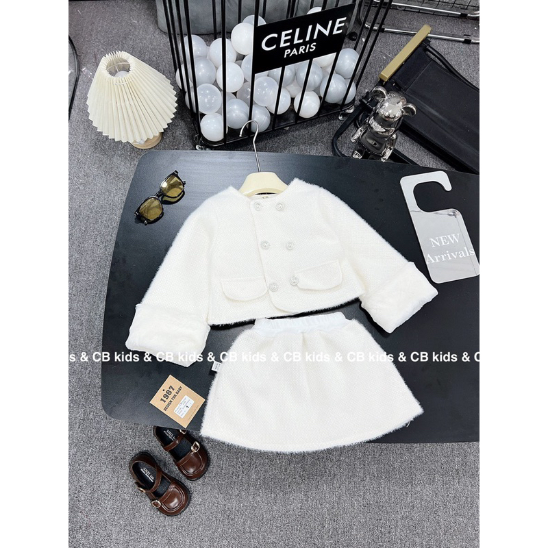 Sét bộ áo vét phối chân váy dạ lông thỏ cho bé gái