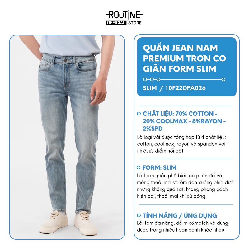 Quần Jean Nam Premium Trơn Co Giãn Form Slim - Routine 10F22DPA026