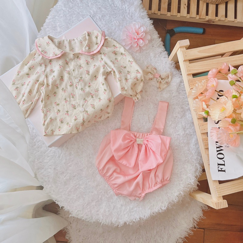 Bodysuit Cho Bé Set 3 Chi Tiết Yếm Lụa Hồng Phối Áo Chất Đũi Lụa Kèm Turban Nơ Xinh B3
