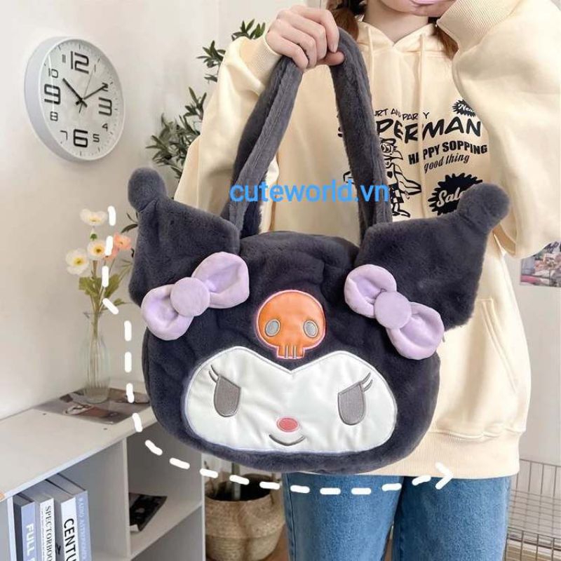 Túi xách Mèo Kuromi Nơ Tím Phối Lông