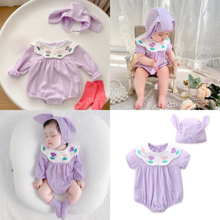 Set body tím ngắn/ dài tay cổ bèo thêu hoa kèm mũ tai thỏ màu tím siêu đáng yêu cho bé gái ( BD16)