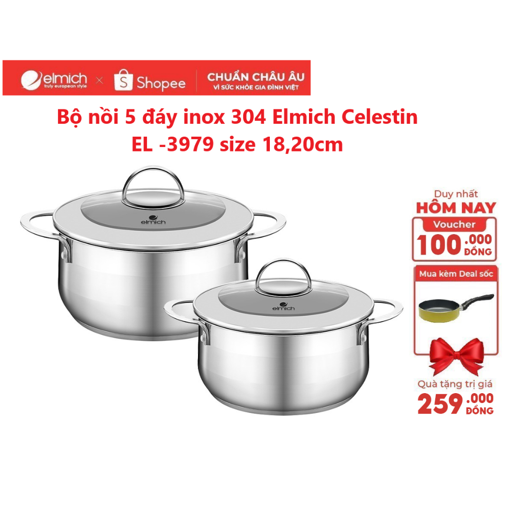 Bộ nồi 5 đáy inox 304 Elmich Celestin EL -3979 size 18,20cm