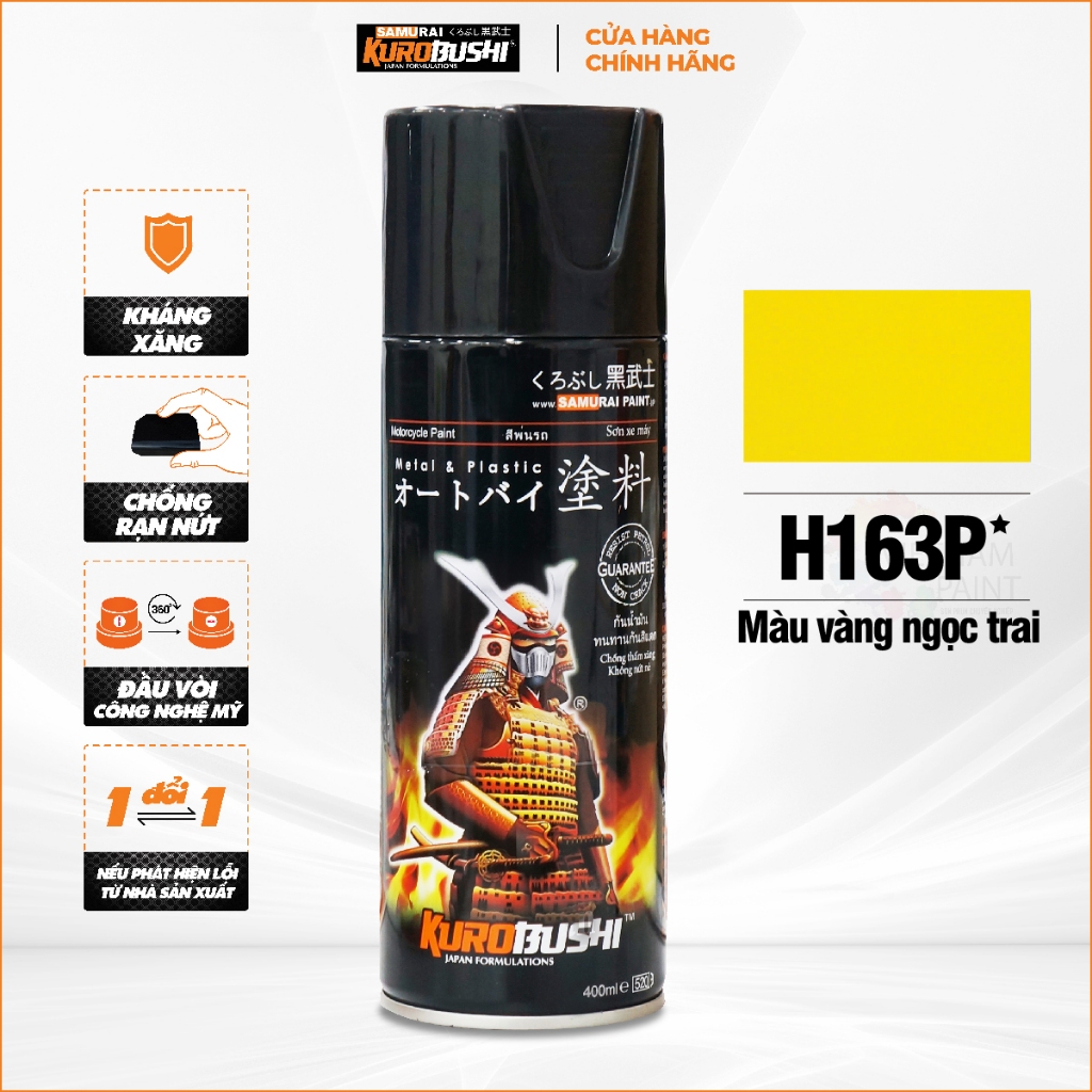 Sơn xịt SAMURAI Kurobushi - Màu VÀNG H163P (400ml) chuyên dùng cho xe máy