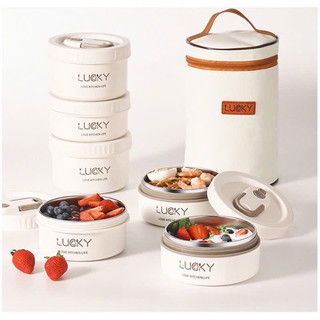 Hộp cơm giữ nhiệt 3 tầng lucky kèm thìa dĩa túi đựng tiện lợi