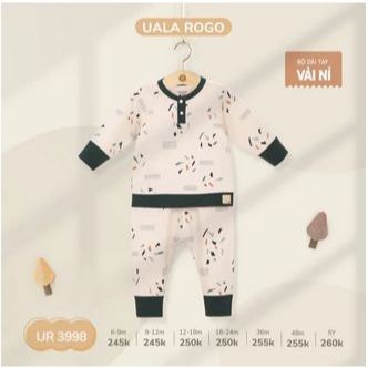 Bộ Uala Rogo dài tay cotton cài vai họa tiết ký hiệu cao cấp thấm hút tốt cho bé trai bé gái 3901 3998