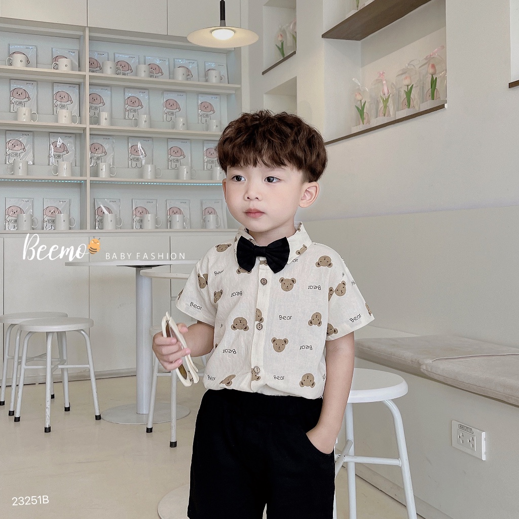Bộ sơ mi đũi Gấu kèm nơ cho bé trai Beemo,Chất liệu áo sơ mi đũi nhăn mix quần kaki siêu mềm mát B327