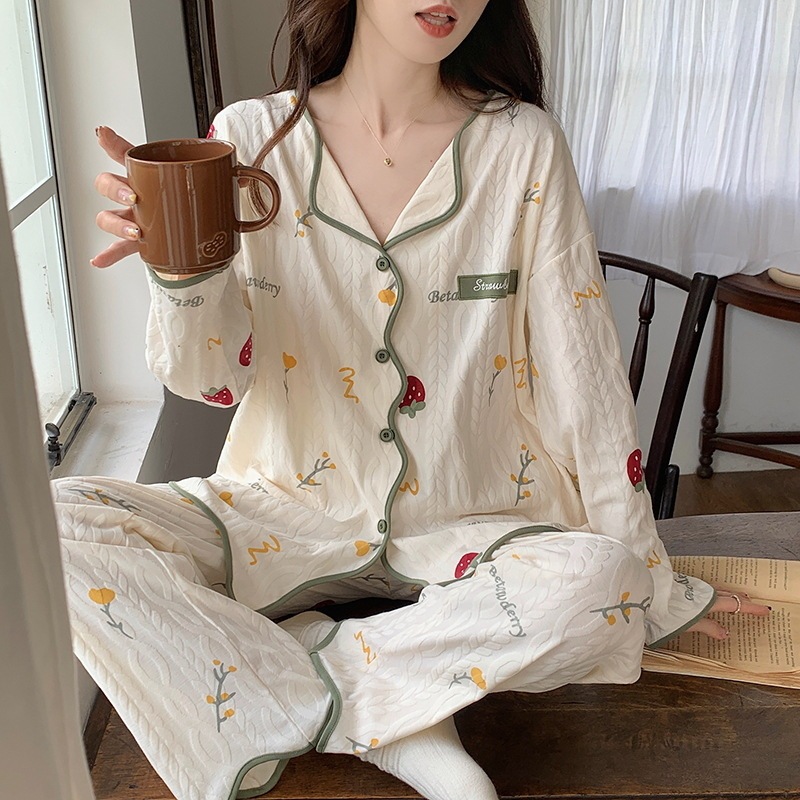 Bộ mặc nhà, đồ bộ nữ pijama dài tay cổ viền mềm mại vải thun cotton gân sóng DDCP09