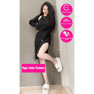 Set đầm body xẻ tà kèm khoác cổ yếm - QC cao cấp