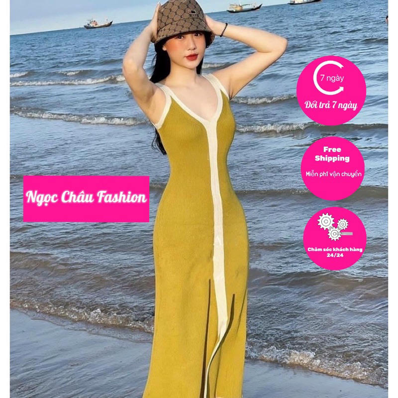 Đầm váy len cổ V hai dây viền dáng dài 120cm xẻ tà Quảng Châu ❤️ Freeship ❤️