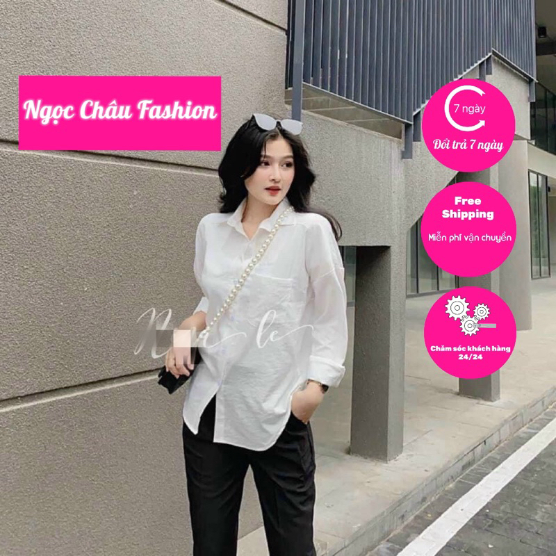 Sơ mi đũi nữ tay dài form rộng chất Quảng Châu màu trắng