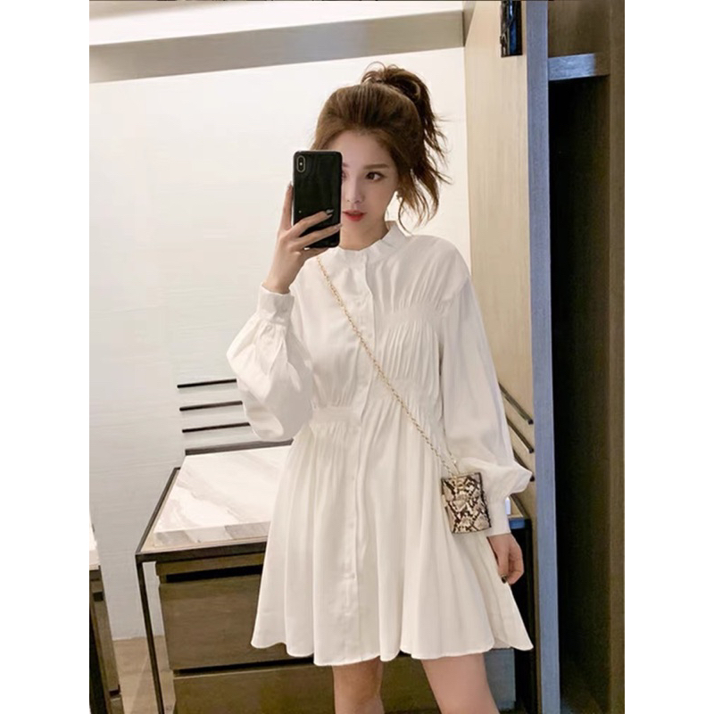 Áo babydoll tay phồng màu trắng, Áo sơ mi form rộng cổ trụ dáng dài phong cách Hàn