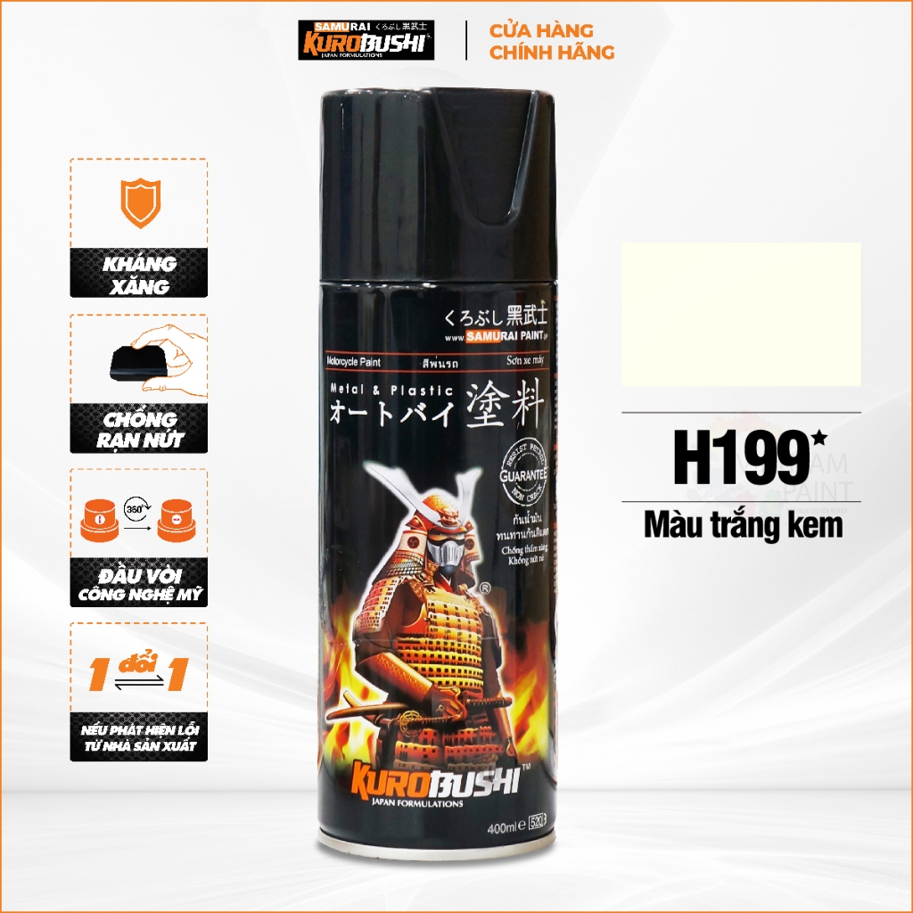 Sơn xịt SAMURAI Kurobushi - MÀU TRẮNG KEM H199 (400ml) chuyên dùng cho xe máy