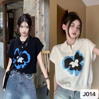 Áo len nữ tay ngắn cổ bẻ cài khuy thêu bông hoa from vừa hàng Quảng Châu phong cách hàn quốc 014