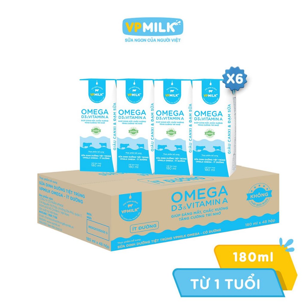 [Combo 6 lốc] Sữa Dinh Dưỡng Tiệt Trùng VPMilk Omega ÍT ĐƯỜNG dành cho bé 180ml (4 hộp x 6)