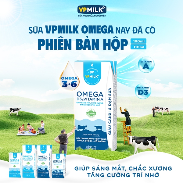 Sữa Dinh Dưỡng Tiệt Trùng VPMilk Omega ÍT ĐƯỜNG dành cho bé 180ml