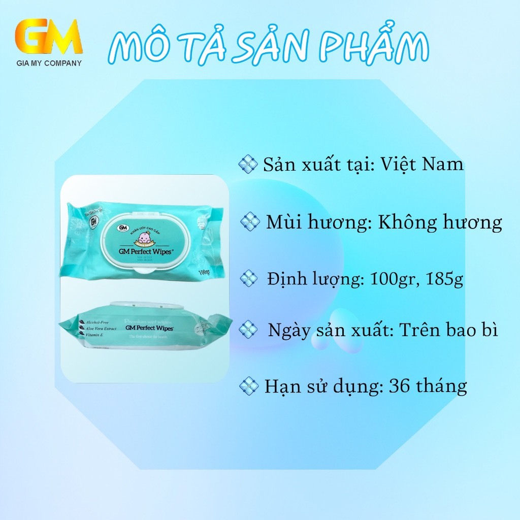 Gói nhỏ 100gr khăn ướt cao cấp GM dày dặn, mềm mại và an toàn cho bé yêu.
