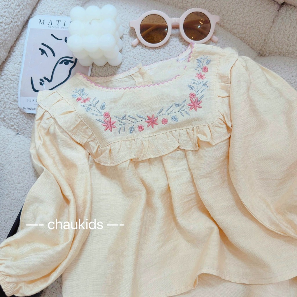 Bộ quần áo bé gái- Bộ đồ đũi thêu dài tay dáng suông cho bé gái từ 1 tuổi đến 7 tuổi