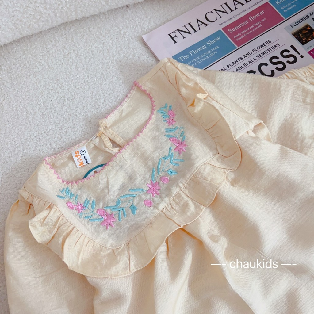 Bộ quần áo bé gái- Bộ đồ đũi thêu dài tay dáng suông cho bé gái từ 1 tuổi đến 7 tuổi