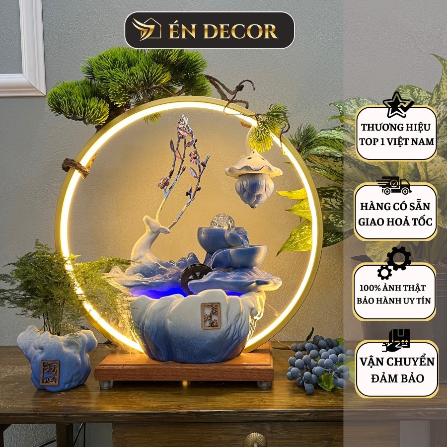 Thác nước phong thuỷ tượng hươu xanh đỏ ÉN DECOR kèm kệ đèn led hào quang decor trang trí nhà cửa an nhiên