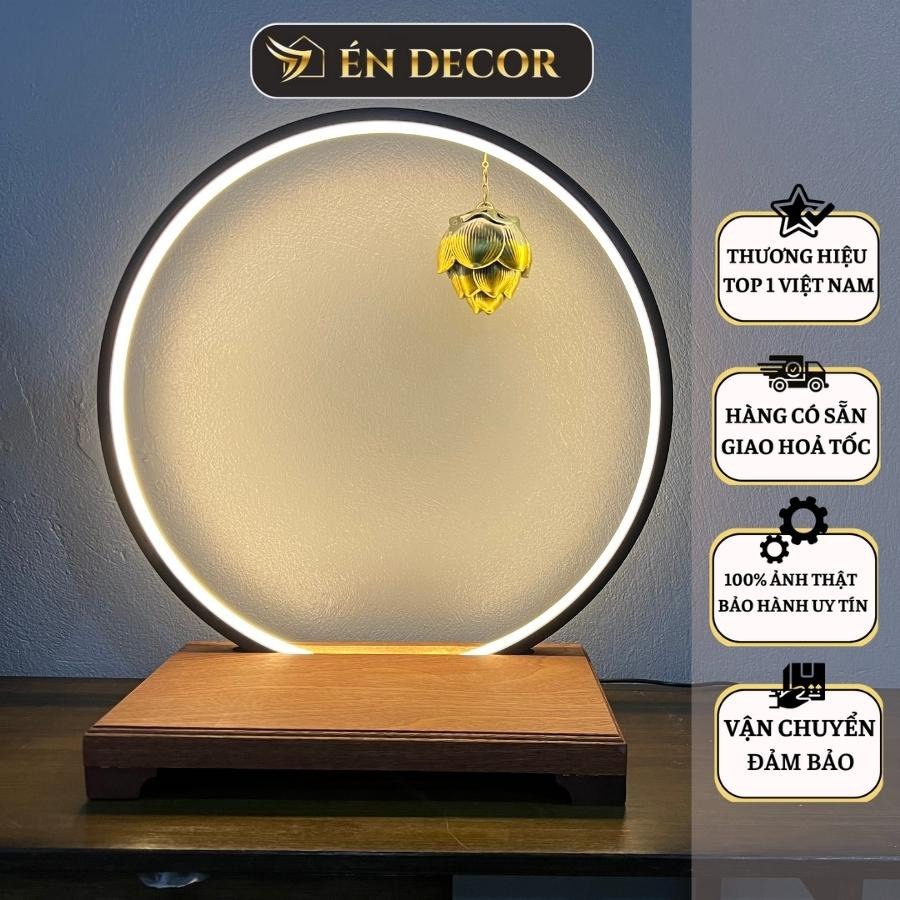 Kệ đèn led đặt tượng nhiều size ÉN DECOR kệ gỗ hào quang hình tròn chân cắm USB trang trí nhà cửa, phong thuỷ