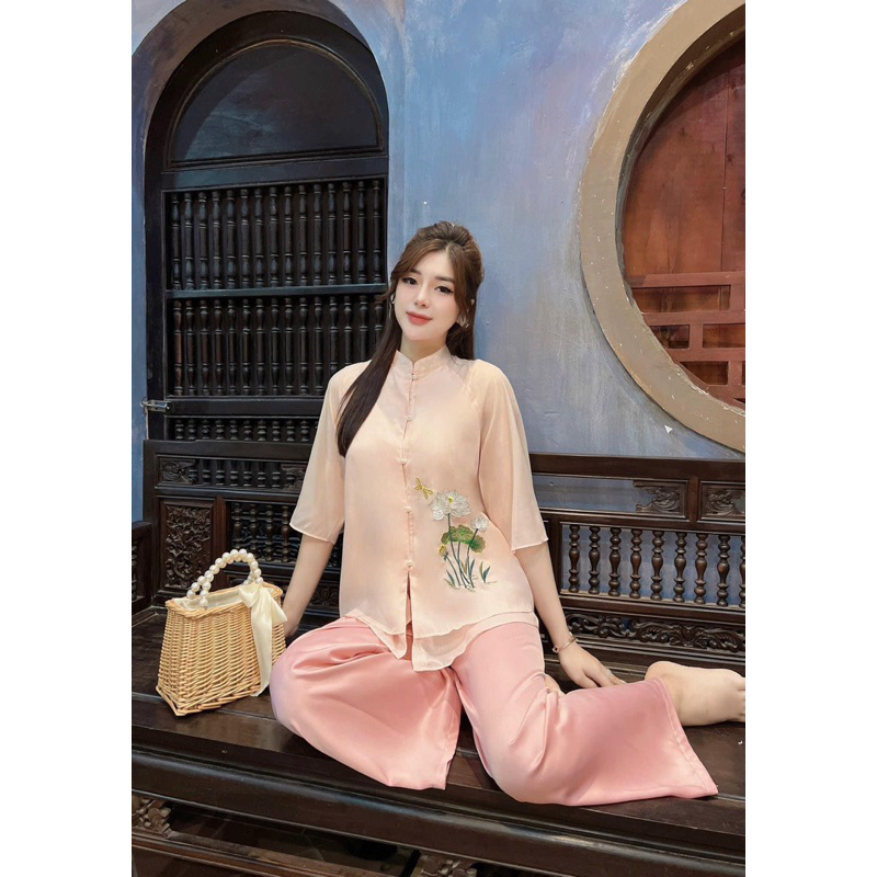 Bộ pháp phục đi chùa chất liệu von tơ thêu