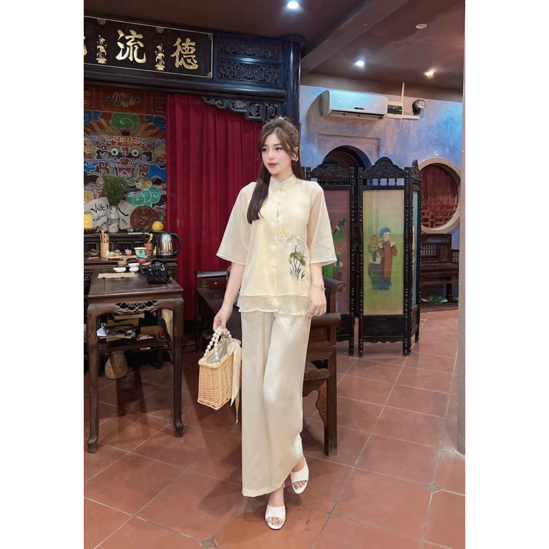 Bộ pháp phục đi chùa chất liệu von tơ thêu