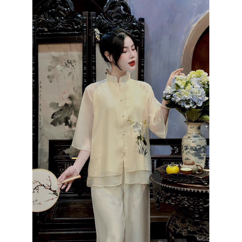 Bộ pháp phục đi chùa chất liệu von tơ thêu