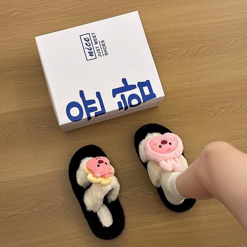 Dép bông Loopy lông xù đế dày dễ thương, dép đi trong nhà mùa đông cho bạn gái