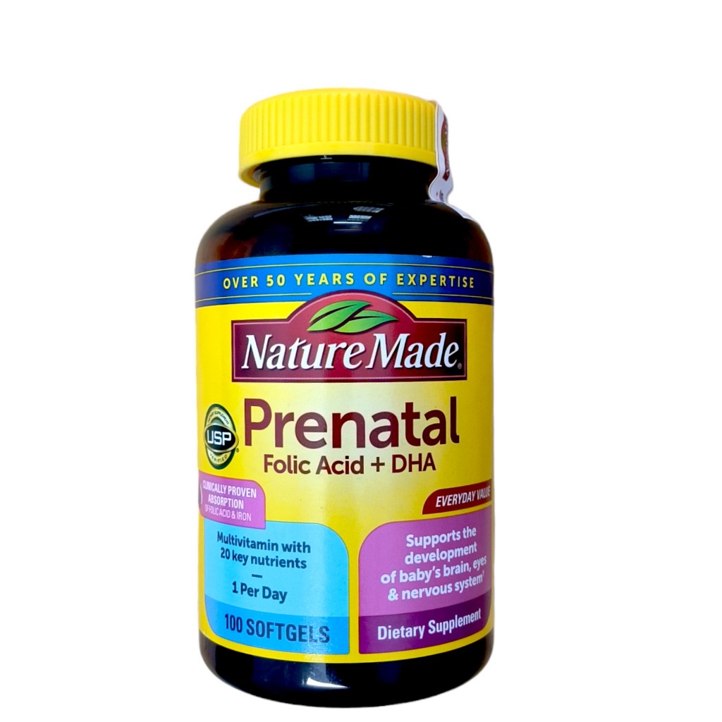 Vitamin tổng hợp nature made prenatal with folic acid and dha cho mẹ bầu 100 viên thuốc bổ cho bà bầu