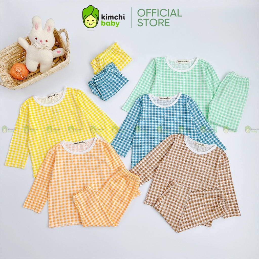 Bộ Dài Tay Cho Bé Trai, Bé Gái KIMCHIBABY Vải Thun Lạnh Hoạ Tiết Kẻ Caro Cổ Viền, Đồ Bộ Cho Bé Mặc Nhà Thu Đông KCTD319