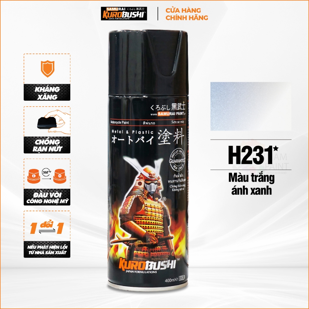 Sơn xịt SAMURAI Kurobushi - Màu TRẮNG ÁNH XANH H231 (400ml) chuyên dùng cho xe máy
