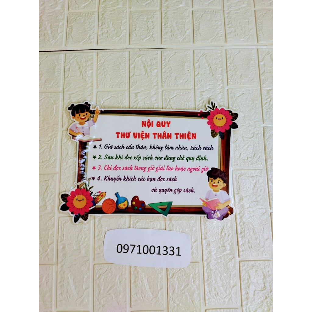 Góc thư viện , Góc học tập , Tắt đèn quạt..... ép plastick sẵn băng dính dán tường