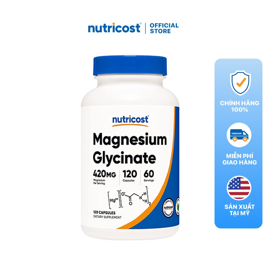 Viên uống Nutricost Magnesium Glycinate Capsules 420mg nhập khẩu Mỹ hỗ trợ chức năng cơ, thần kinh