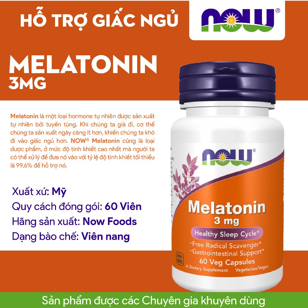 Viên uống hỗ trợ giấc ngủ Now Melatonin 3mg giúp vào giấc dễ dàng giảm stress minh mẫn của Mỹ 60 viên