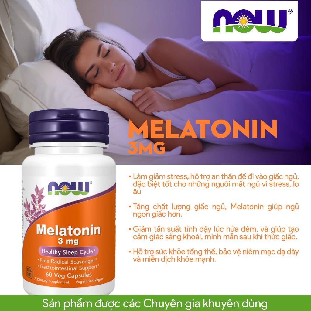 Viên uống hỗ trợ giấc ngủ Now Melatonin 3mg giúp vào giấc dễ dàng giảm stress minh mẫn của Mỹ 60 viên