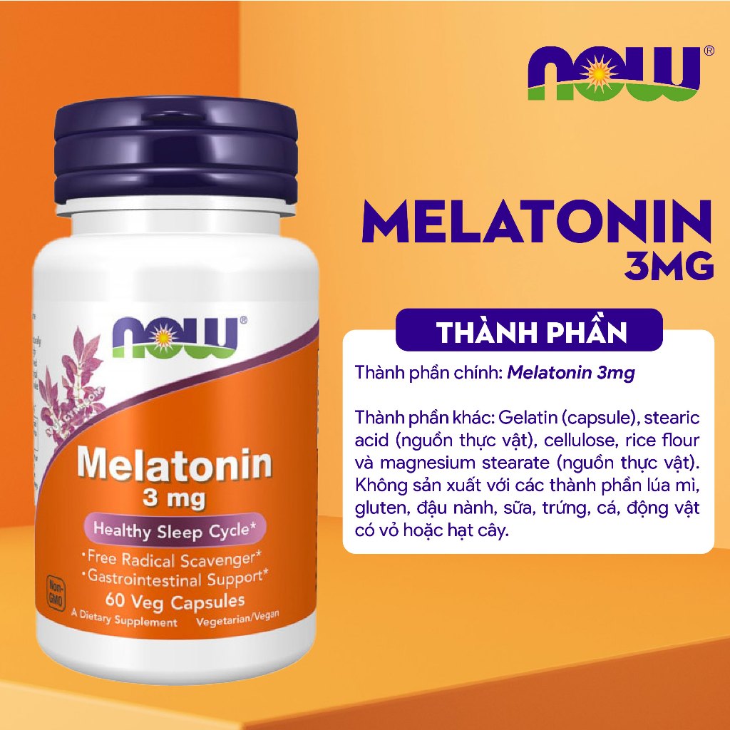 Viên uống hỗ trợ giấc ngủ Now Melatonin 3mg giúp vào giấc dễ dàng giảm stress minh mẫn của Mỹ 60 viên