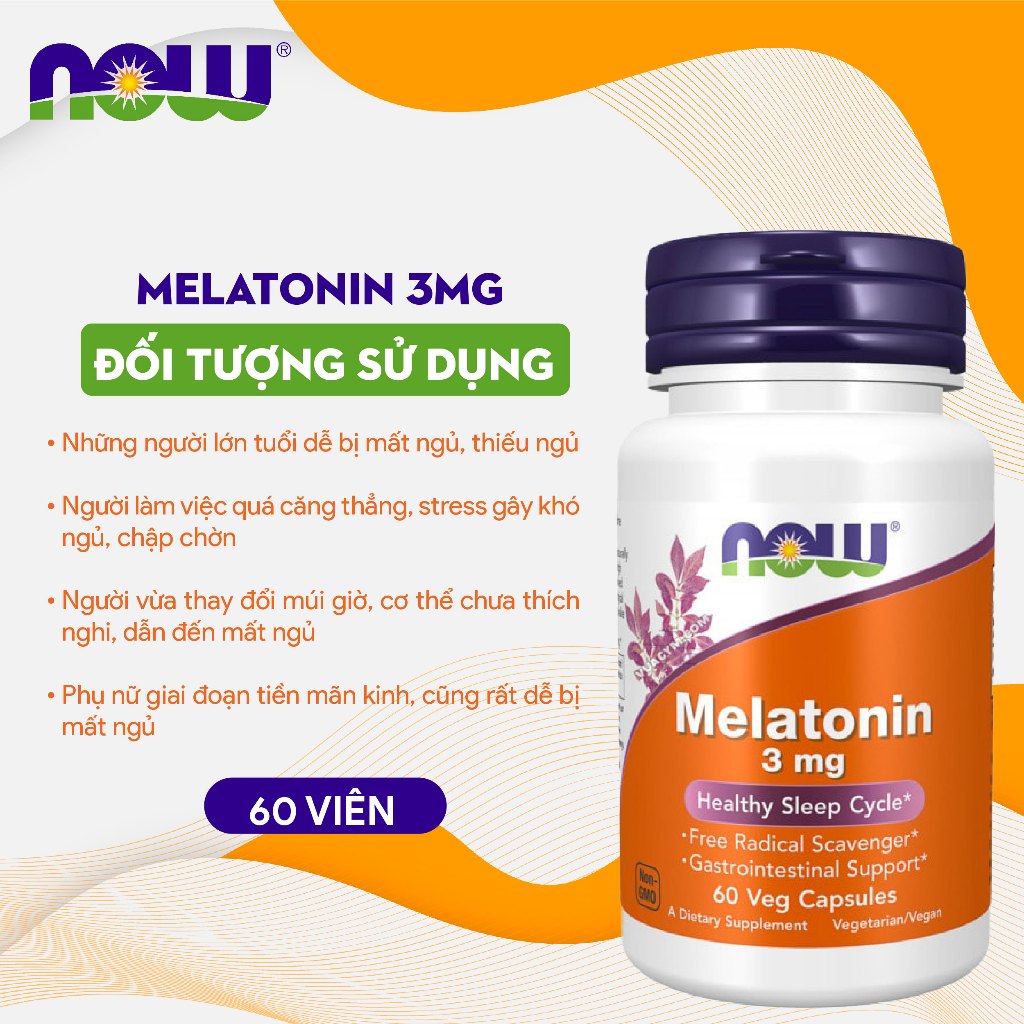 Viên uống hỗ trợ giấc ngủ Now Melatonin 3mg giúp vào giấc dễ dàng giảm stress minh mẫn của Mỹ 60 viên