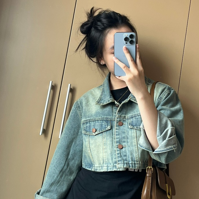 Áo khoác jeans, Áo khoác bò croptop cá tính phong cách Hàn Quốc Winny Store