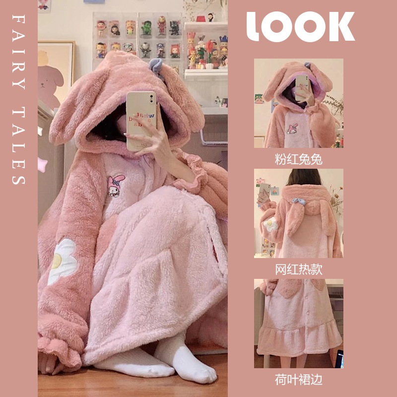 Bộ ngủ lông - Áo choàng ngủ liền thân tai gấu ấm áp thoải mái, siêu dễ thương Gin62.store