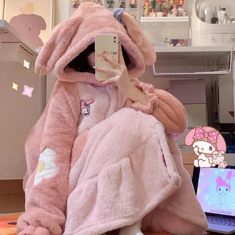 Bộ ngủ lông - Áo choàng ngủ liền thân tai gấu ấm áp thoải mái, siêu dễ thương Gin62.store