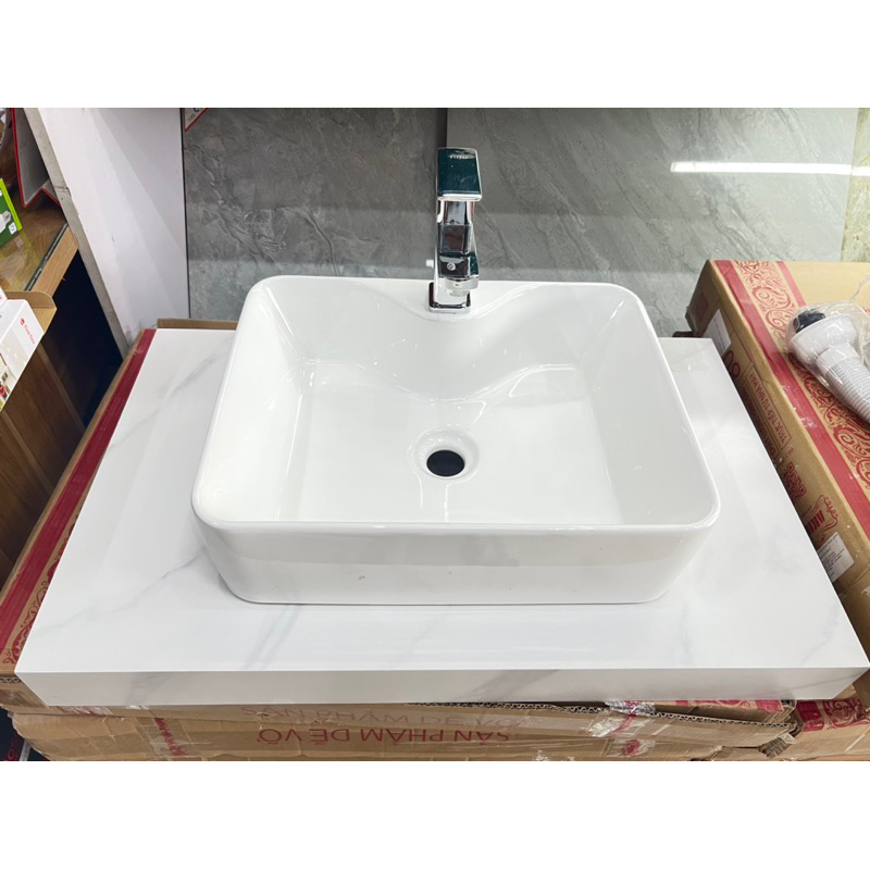 Bàn đá hộp chậu nổi 50x80cm giá tại xưởng sản xuất combo chậu và vòi