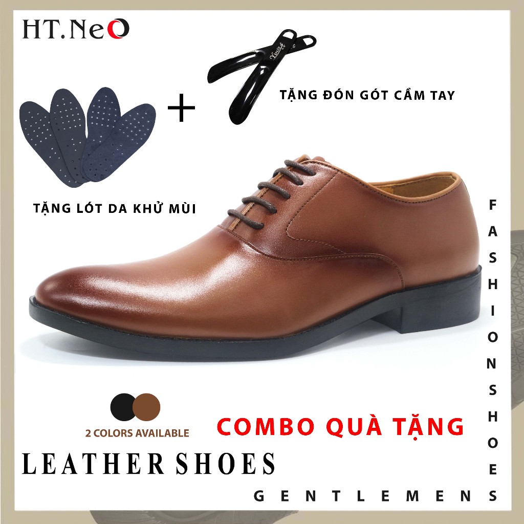 Giày nam da bò HT.NeO , Giày công sở buộc dây da bò đế bệt cao su đúc đặc 2 màu phong cách lịch lãm , sang trọng 4024
