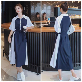 Đầm sơ mi xanh đen phối trắng