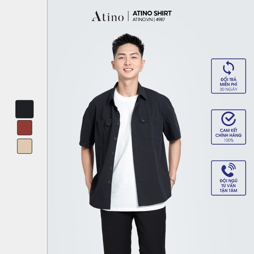 Áo sơ mi cộc tay Cuban Shirt Nam Trơn ATINO vải 100% Cotton form regular SM3.4987