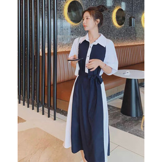 Đầm sơ mi xanh đen phối trắng (kèm hình thật)
