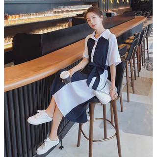 Đầm sơ mi xanh đen phối trắng (kèm hình thật)